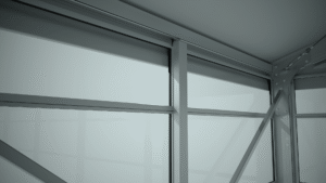 Close-up interior view of the Skyline glass facade cladding system, Enhanced version by HR-Structures
