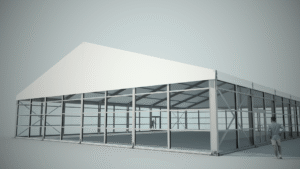 Skyline glass facade cladding for temporary industrial buildings