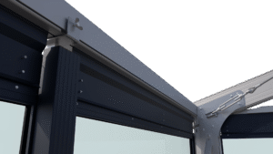 Close up interior view of Skyline glass facade building cladding by HR-Structures